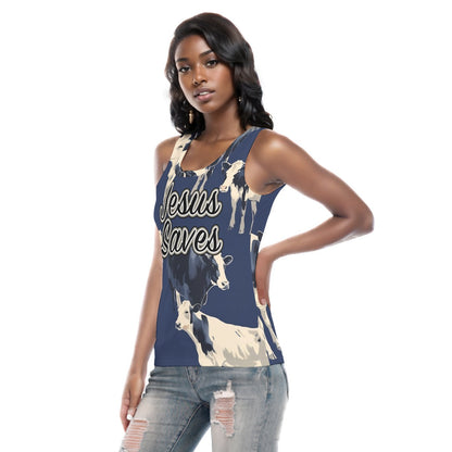 Black & White Cows on Blue Women's Sports Camisole | 210GSM Jesus Saves