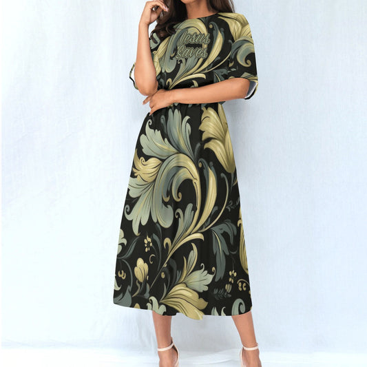 "Jesus Saves" Gold Green & Black Swirly Floral Women's Elastic Waist Dress with Four-Way Stretch for Everyday Fashion