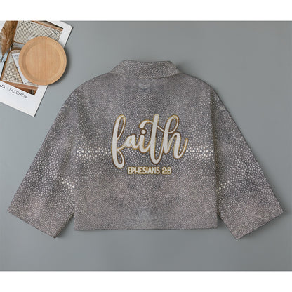 "Faith Ephesians 2:8" Gray Stingray Print Women's Cropped Jacket | 245GSM Cotton