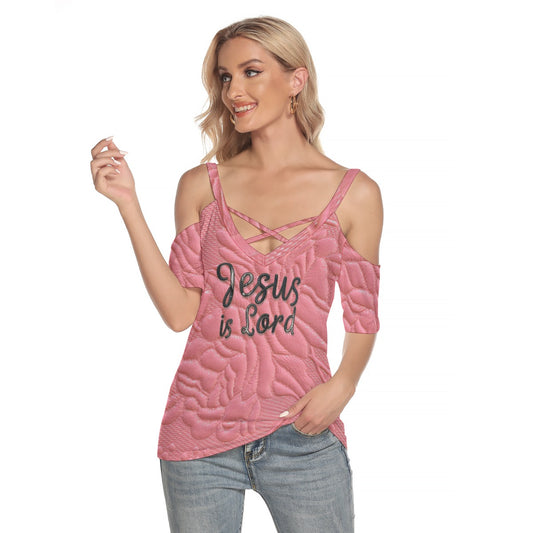 "Jesus is Lord" Pink Faux texture  Women's Cold Shoulder T-shirt With Criss Cross Strips