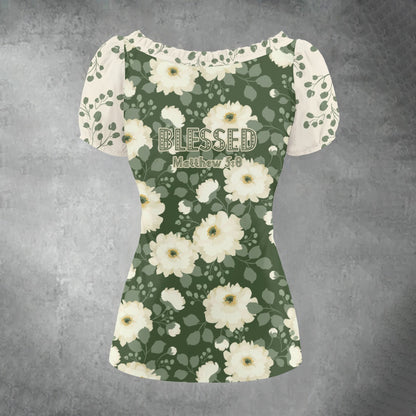 "Blessed Matthew 5:8" Green Floral Print Women's Puff Sleeve Pleated Shirt