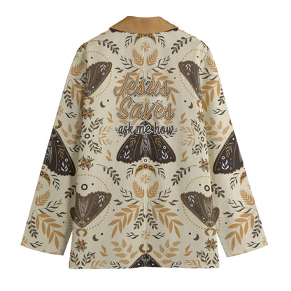"Jesus Saves ask me how" Beige & Brown Moth Pattern Women's Leisure Blazer
