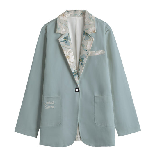 "Jesus Saves" Blue with Floral Lapel All-Over Print Women's Leisure Blazer | 245GSM Cotton