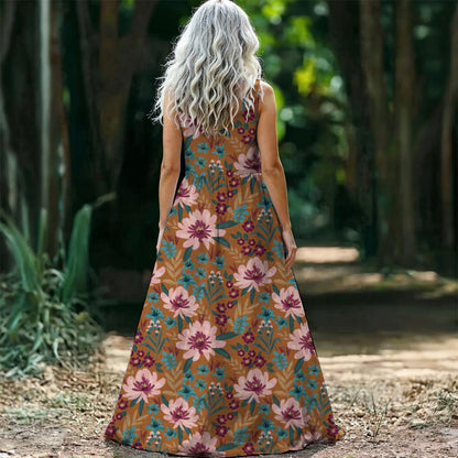 "Blessed Matthew 5:4" Pink Floral Sleeveless Maxi Dress for Women, Lightweight 140G Polyester Fabric, Tropical Leaf Print