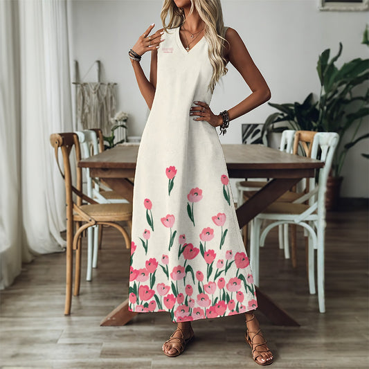 "Blessed Matthew 5:4" Cream Color with Pink Tulip Print Women's V-Neck Long Dress