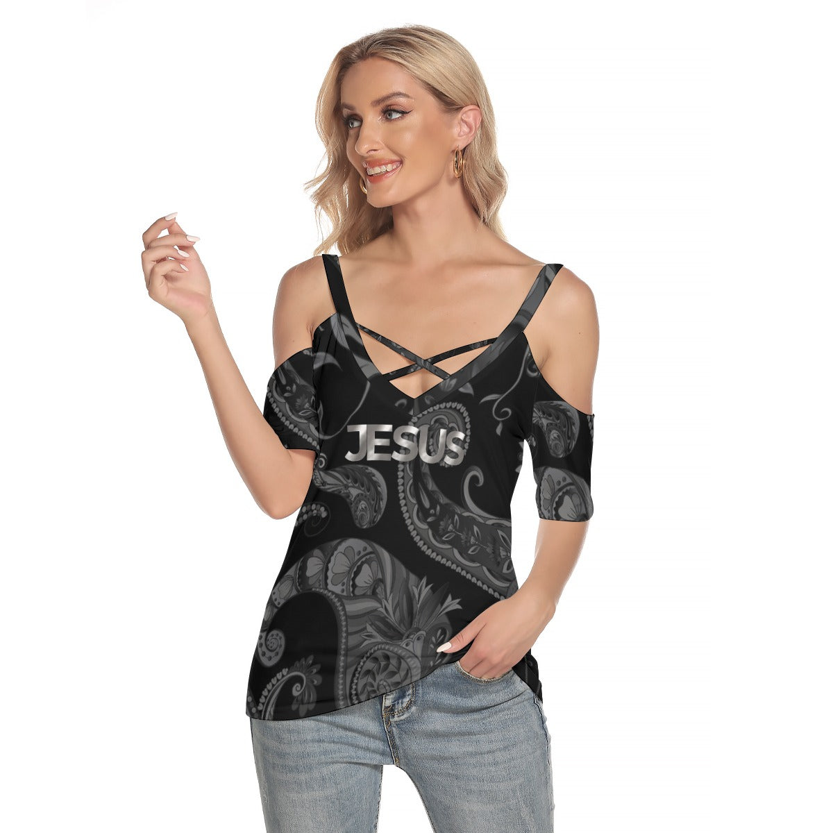 "Jesus Saves ask me how" Women's Cold Shoulder Criss Cross Strips T-shirt, Jersey Fabric, Casual Daily Wear