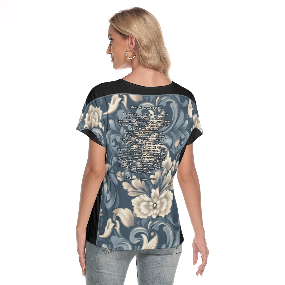 Women's Loose V-Neck Short Sleeve T-Shirt - "I Speak Jesus for my Family"