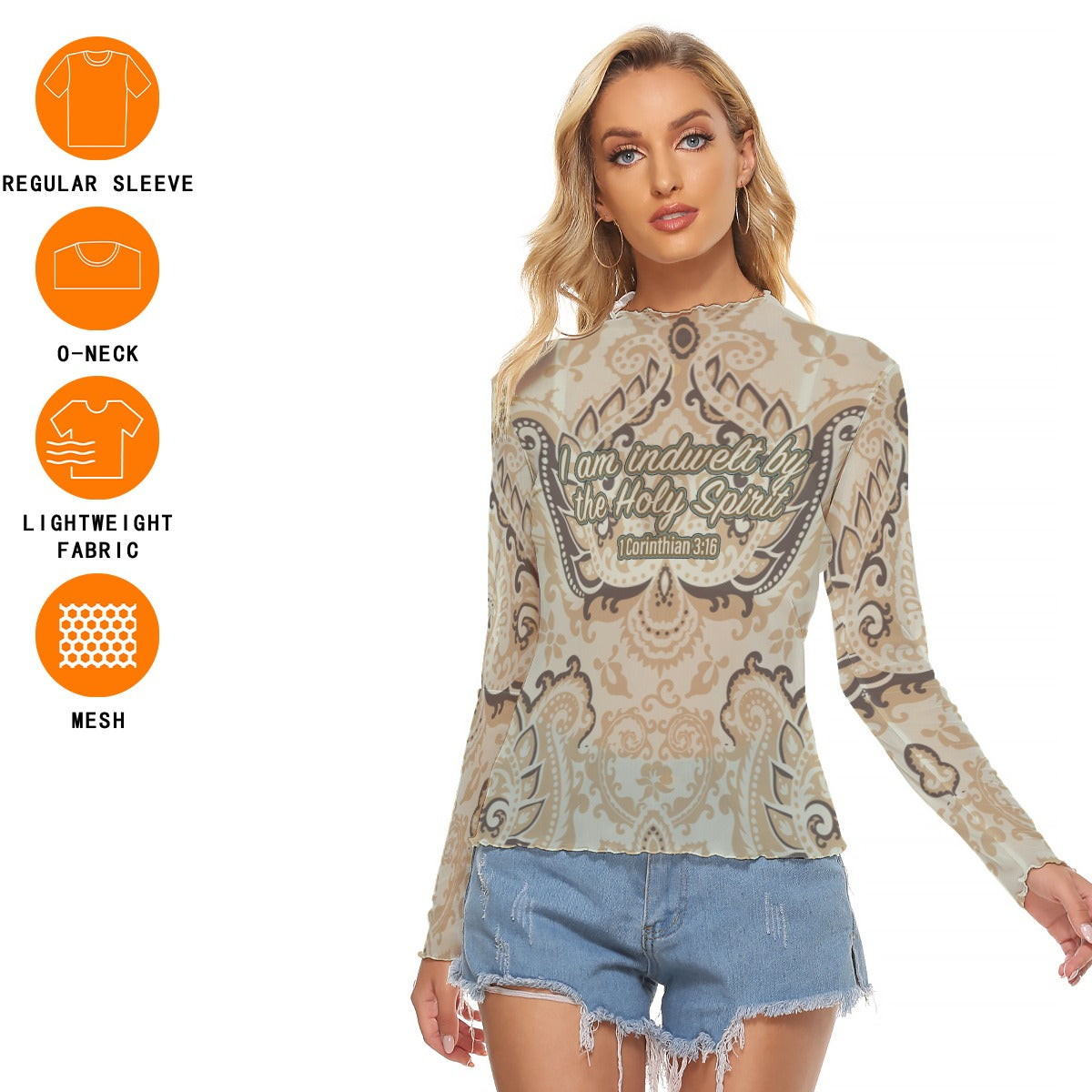 Beige Paisley Print Women's Mesh T-shirt "I am indwelt by the Holy Spirit"