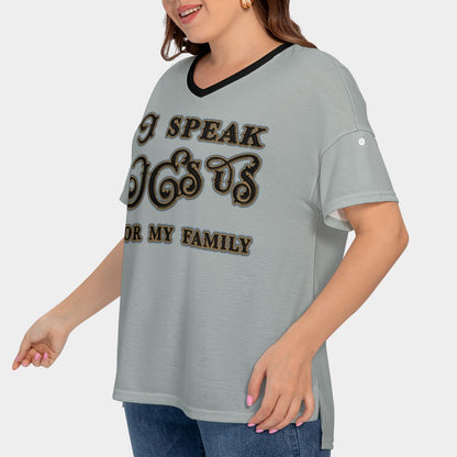 Women's Drop-Shoulder Short Sleeve T-shirt with Sleeve Loops - Plus Size "I Speak Jesus for my Family"