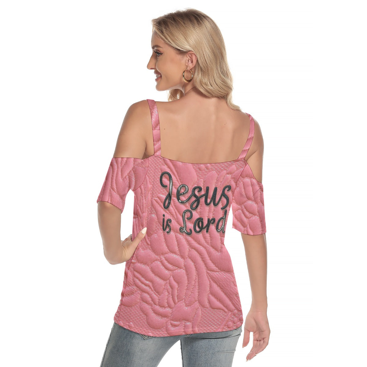 "Jesus is Lord" Pink Faux texture  Women's Cold Shoulder T-shirt With Criss Cross Strips