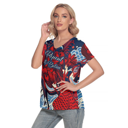 "Repent & Believe" Women's Loose V-neck Short Sleeve T-shirt