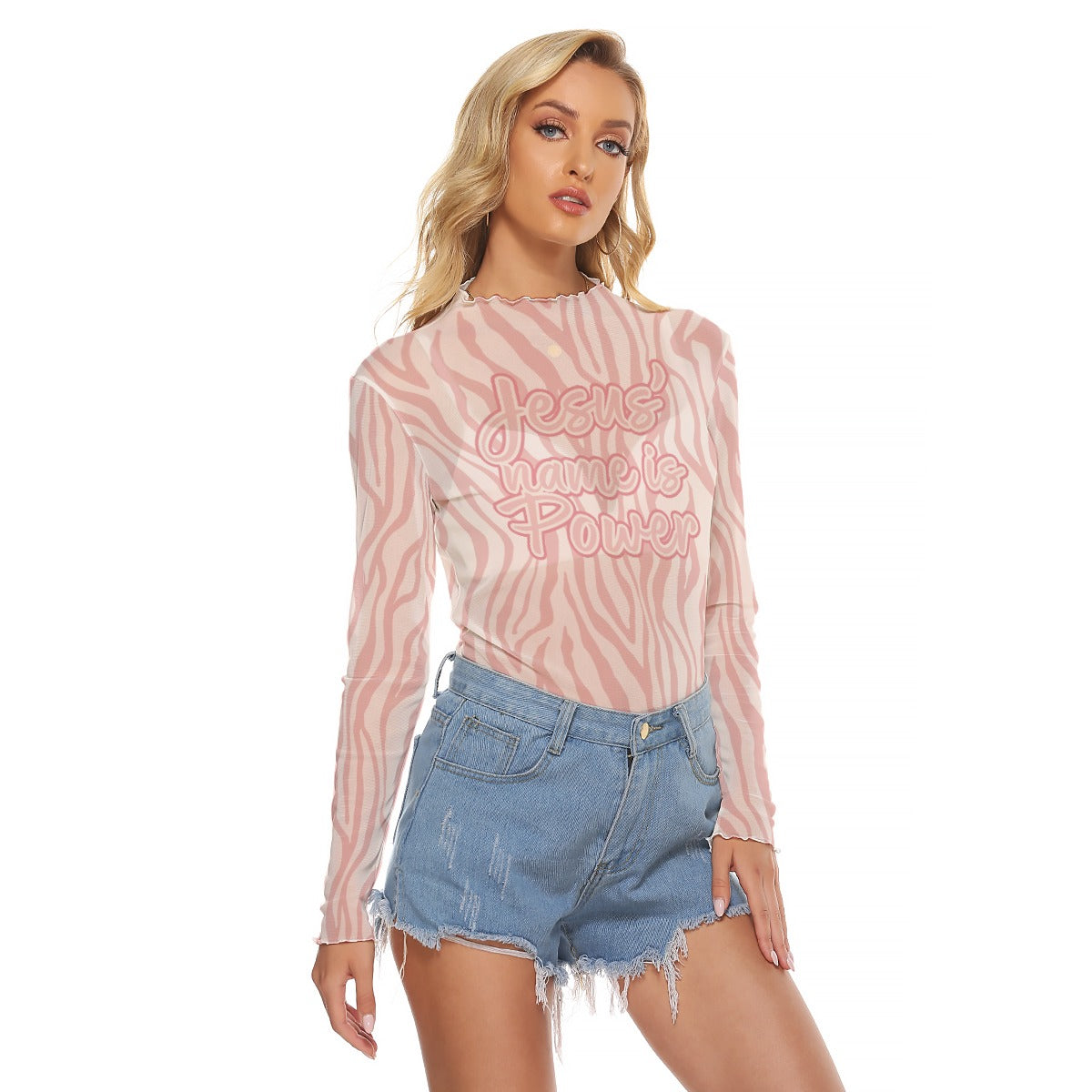 "Jesus Name is Power" Pink Zebra Women's Mesh T-shirt