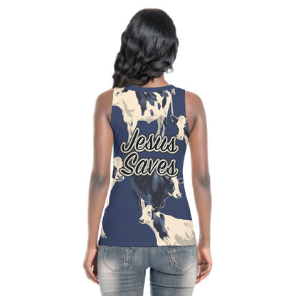Black & White Cows on Blue Women's Sports Camisole | 210GSM Jesus Saves
