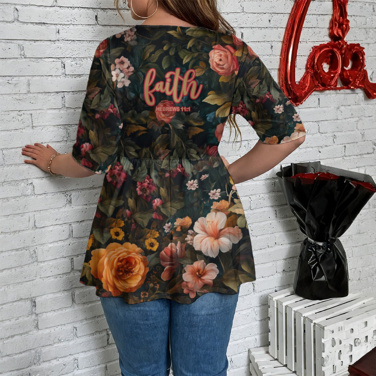 Floral Print V-Neck Asymmetrical Hem Top with "Faith Hebrews 11:1" Text