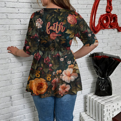 Floral Print V-Neck Asymmetrical Hem Top with "Faith Hebrews 11:1" Text