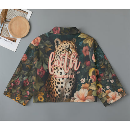 Leopard Floral Women's Cropped Jacket | 245GSM Cotton "Faith Hebrews 11:1"