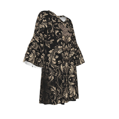 "Jesus Saves" Black & Gold Damask Women's Stacked Ruffle Sleeve Dress