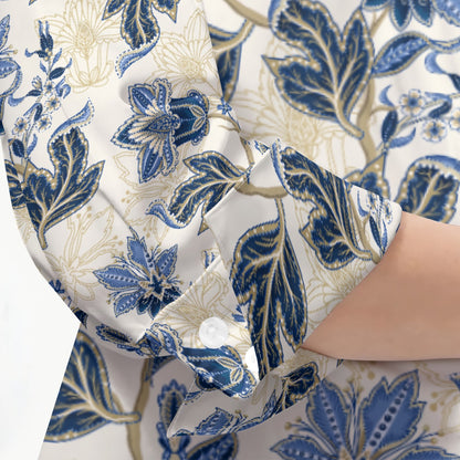 "Repent & Believe" Blue Floral Women's 3/4 Sleeve Button-Down Shirt - Lightweight Polyester Blend