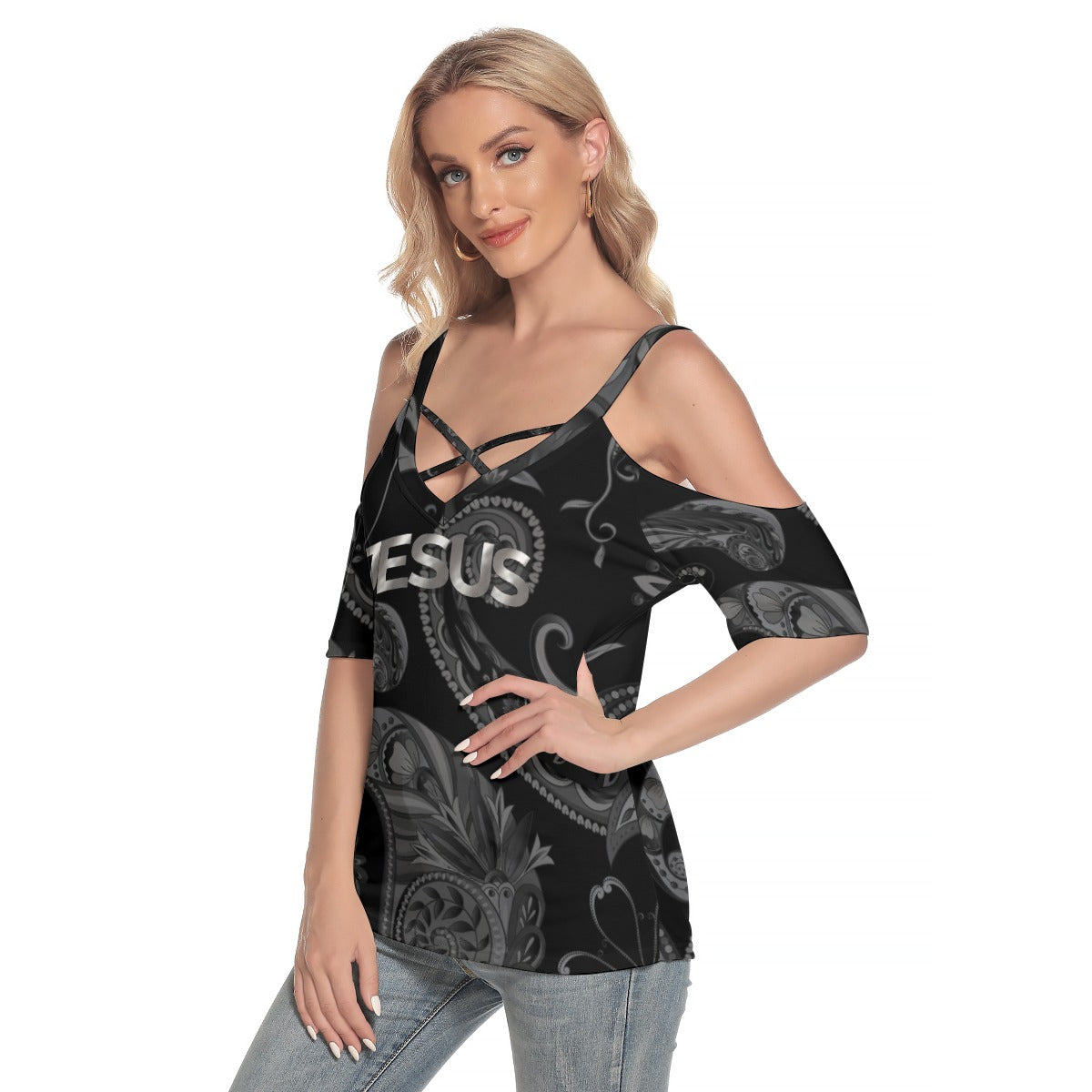 "Jesus Saves ask me how" Women's Cold Shoulder Criss Cross Strips T-shirt, Jersey Fabric, Casual Daily Wear