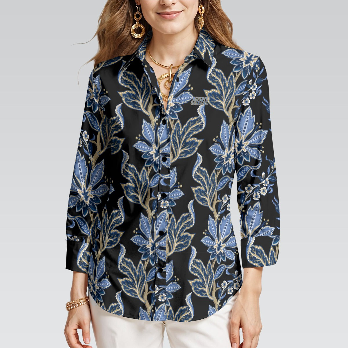 "Repent & Believe" Blue Floral Women's 3/4 Sleeve Button-Down Shirt - Lightweight Polyester Blend