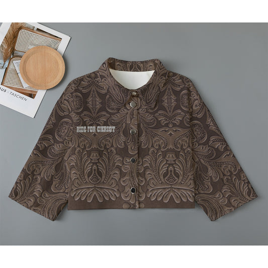"Ride For Jesus" Brown Cotton Faux Tooled Leather Women's Cropped Jacket | 245GSM Cotton
