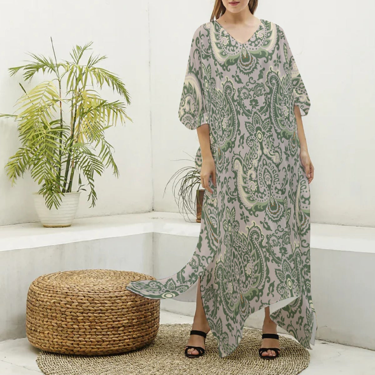 Green & Beige Paisley Women's Imitation Silk V-neck Kaftan Robe "I am a servant of Righteousness"