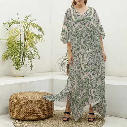 Green & Beige Paisley Women's Imitation Silk V-neck Kaftan Robe "I am a servant of Righteousness"