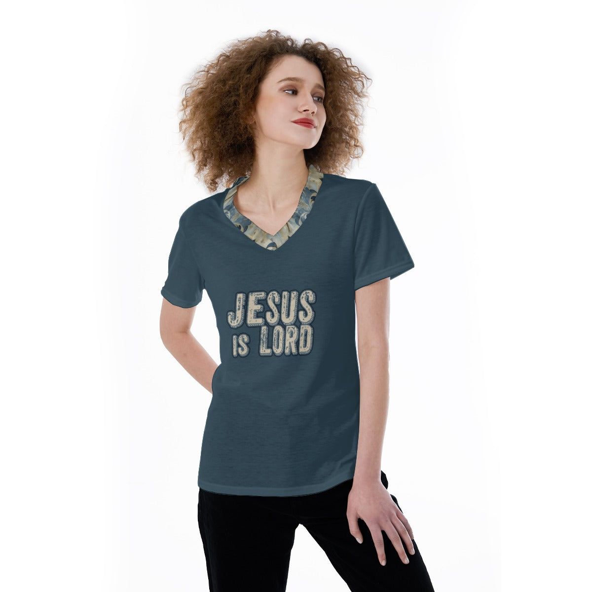"Jesus is Lord" Blue with Blue & Beige Damask Pattern Collar All-Over Print V-neck Women's T-shirt
