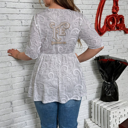 Blusa blanca con cuello en V y dobladillo asimétrico para mujer, con estampado de volutas "Fe Hebreos 11:1"
