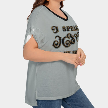 Women's Drop-Shoulder Short Sleeve T-shirt with Sleeve Loops - Plus Size "I Speak Jesus for my Family"