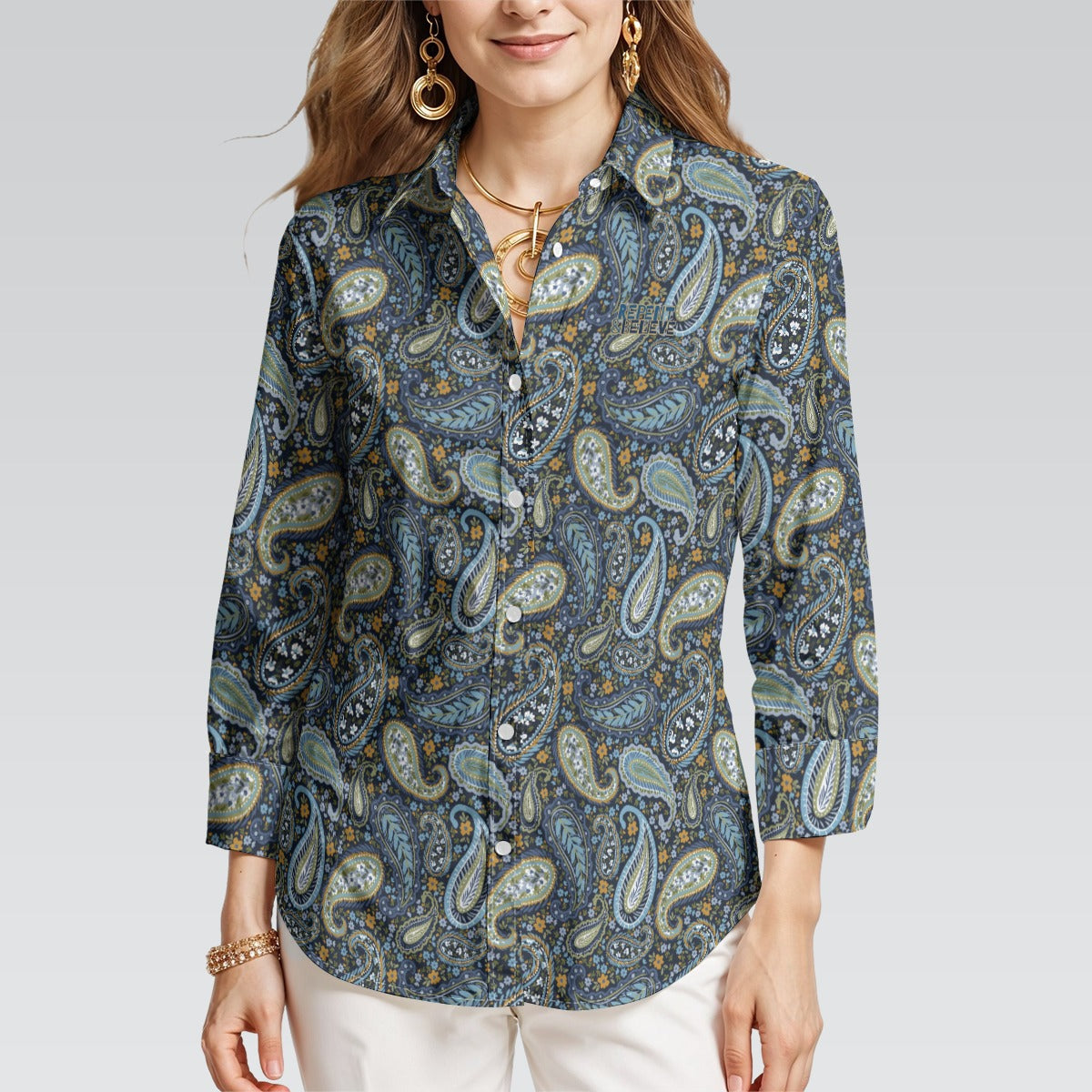 "Repent & Believe" Blue Floral Women's 3/4 Sleeve Button-Down Shirt - Lightweight Polyester Blend