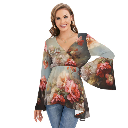 Women's V-neck Blouse With Flared Sleeves "Faith Ephesians 2:8"