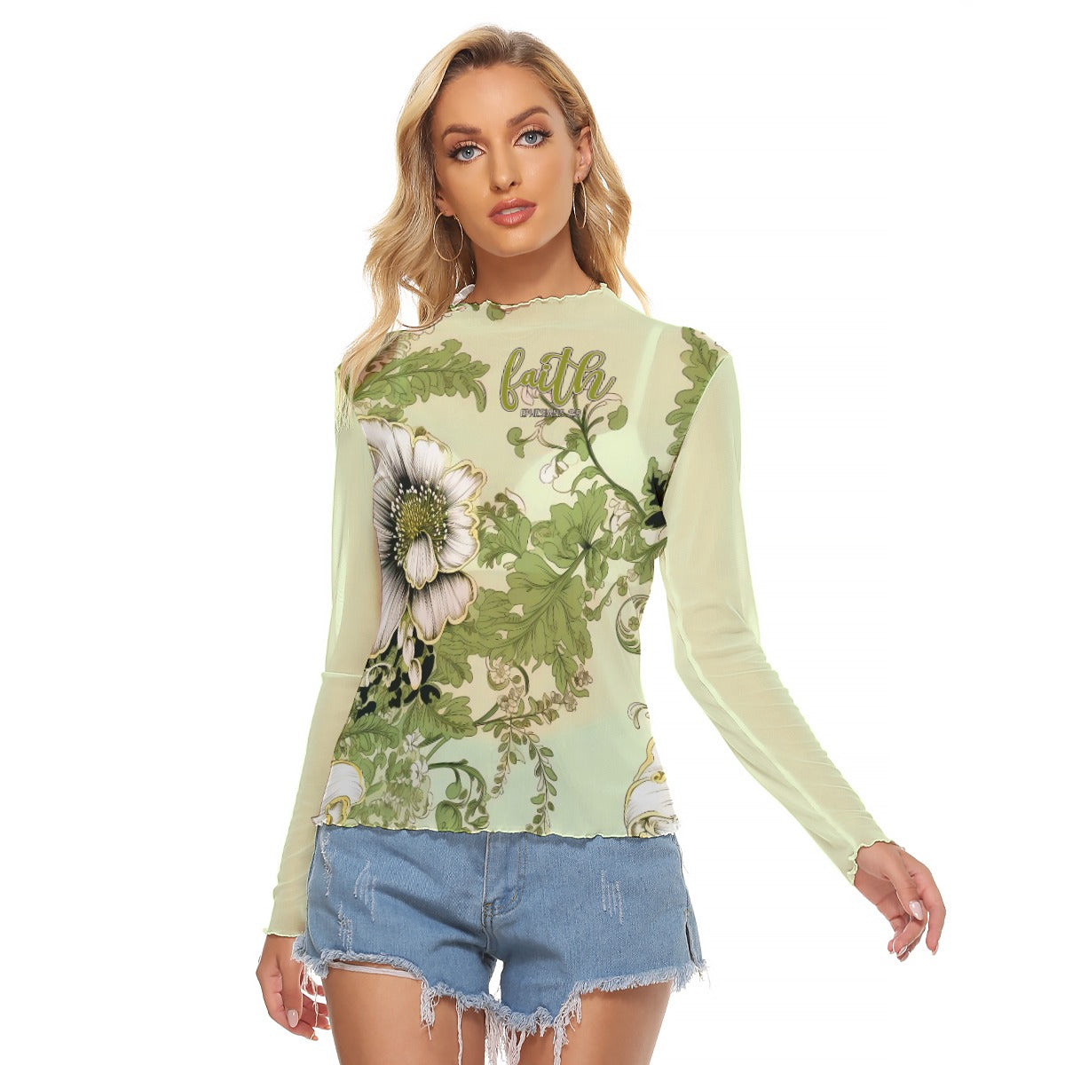 Lime Green Floral Print Women's Mesh T-shirt "Faith Ephesians 2:8"