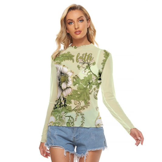 Lime Green Floral Print Women's Mesh T-shirt "Faith Ephesians 2:8"