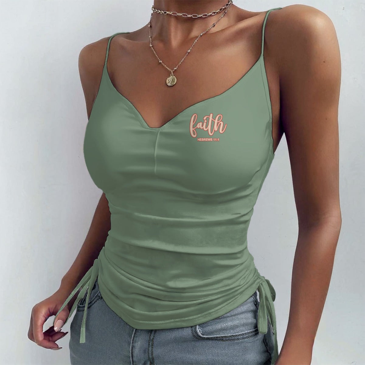 Green Drawstring Camisole with "Faith Hebrews 11:1" Print - Stretchy Cotton Blend Spaghetti Strap Tank Top