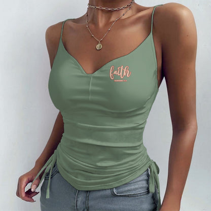 Green Drawstring Camisole with "Faith Hebrews 11:1" Print - Stretchy Cotton Blend Spaghetti Strap Tank Top