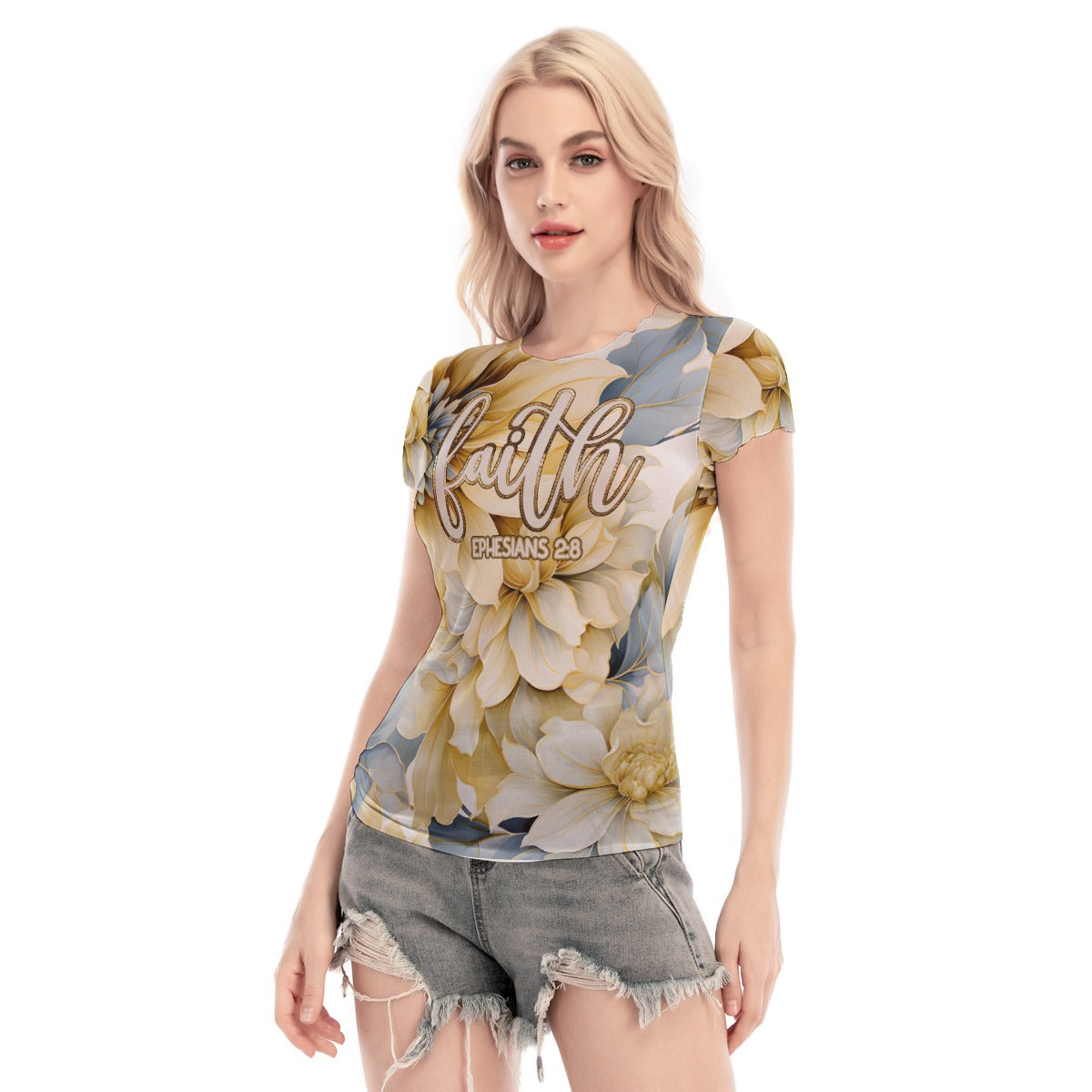 "Faith Ephesians 2:8" FloralWomen's Short Sleeve Mesh Blouse
