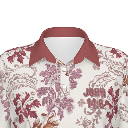 "John 14:6" Red & White Floral Print Women's Sports Polo Shirt with Stretch Fabric