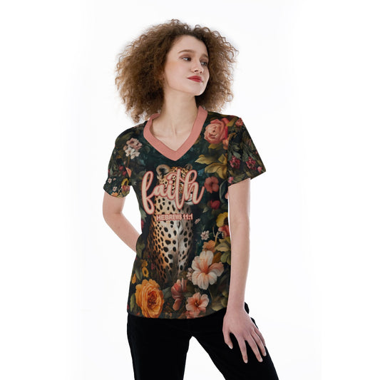LeopardFloral Print V-Neck Women's T-Shirt -"Faith Hebrews 11:1"