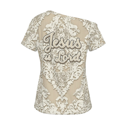 "Jesus is Lord" Faux Ivory Lace  Women's Off-Shoulder T-shirt