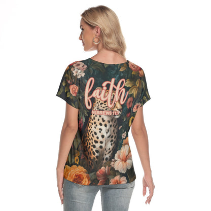 Leopard Floral Print Women's Loose V-neck Short Sleeve T-shirt "Faith Hebrews 11:1"