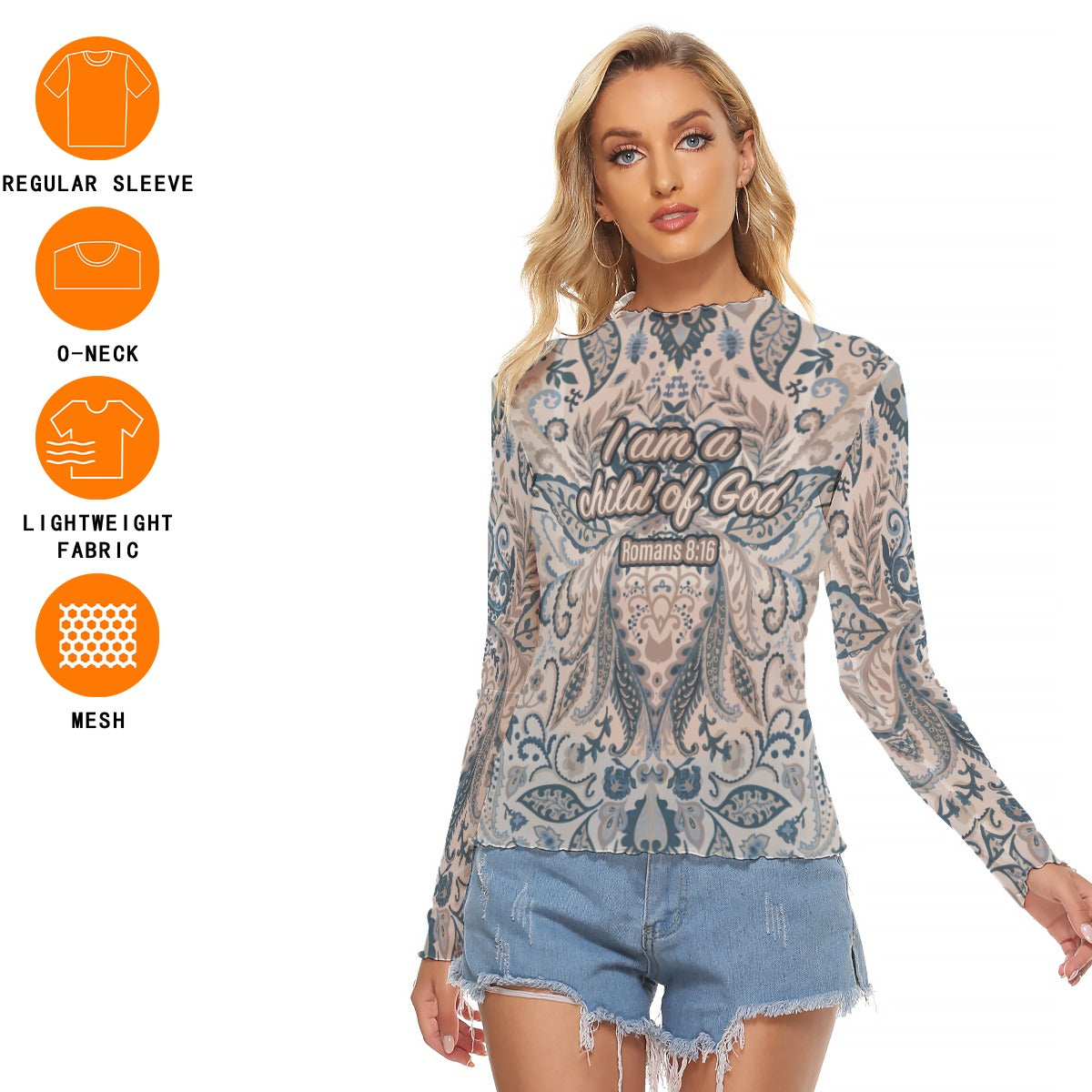 Pink & Blue Paisley Print Women's Mesh T-shirt "I am a child of God"