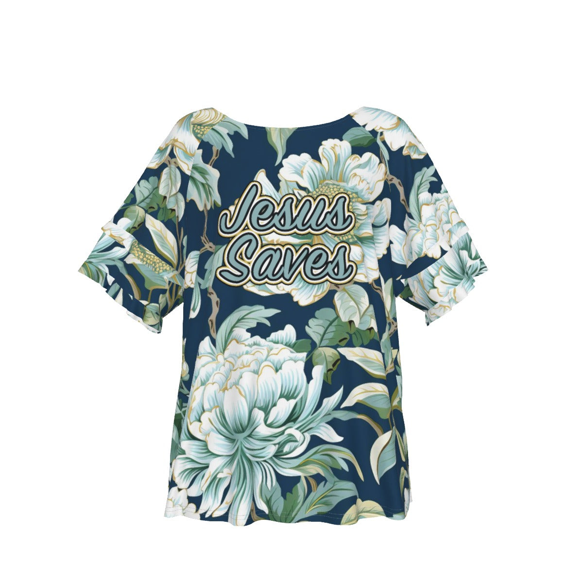"Jesus Saves" Blue Floral Women's Comfortable Round Neck Raglan Sleeve T-Shirt for Casual Style