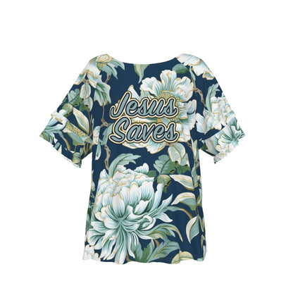 "Jesus Saves" Blue Floral Women's Comfortable Round Neck Raglan Sleeve T-Shirt for Casual Style