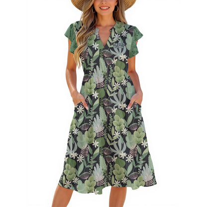 "Blessed Matthew 5:8"  Women's Green & Black Floral Midi Dress in Soft Milk Silk Fabric