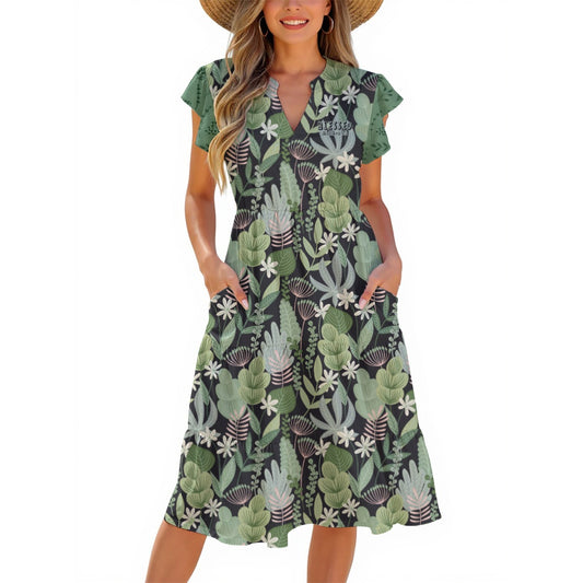 "Blessed Matthew 5:8"  Women's Green & Black Floral Midi Dress in Soft Milk Silk Fabric