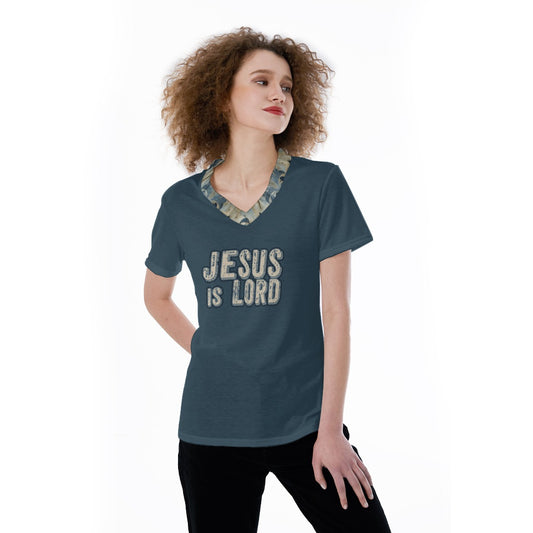 "Jesus is Lord" Blue with Blue & Beige Damask Pattern Collar All-Over Print V-neck Women's T-shirt