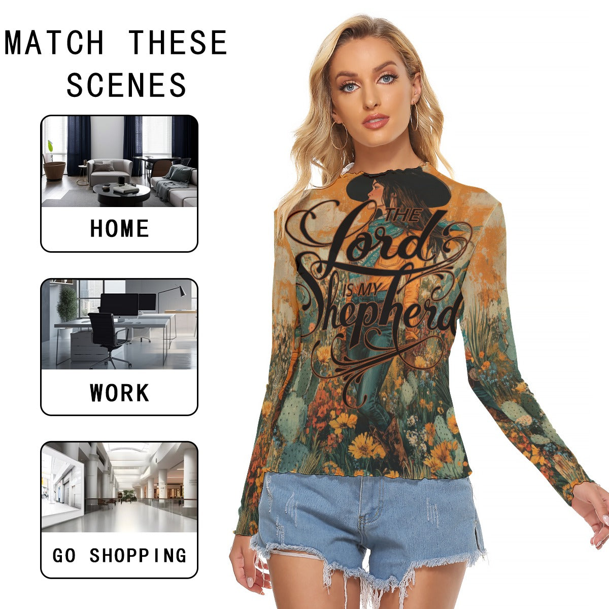 Cowgirl Women's Mesh T-shirt - Long Sleeve Mesh Top "The Lord is My Shepherd"