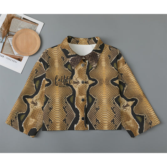 "Faith Ephesians 2:8" Faux Snake Skin Print Women's Cropped Jacket | 245GSM Cotton