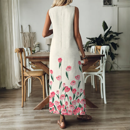 "Blessed Matthew 5:4" Cream Color with Pink Tulip Print Women's V-Neck Long Dress